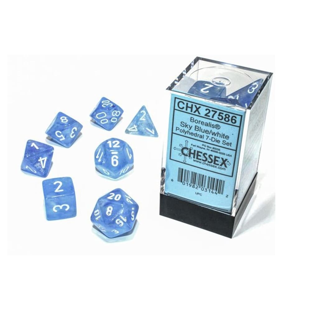 61-s5YLmfKL.jpg_BO30,255,255,255_UF900,850_SR1910,1000,0,C_QL100_ Набор кубиков Chessex: Borealis Sky Blue/white Luminary Polyhedral 7-Dice Set — изображение 1
