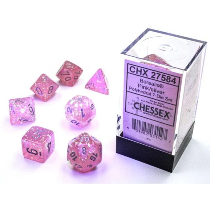 Набор кубиков Chessex: Borealis Pink/silver Luminary Polyhedral 7-Dice Set — изображение 2