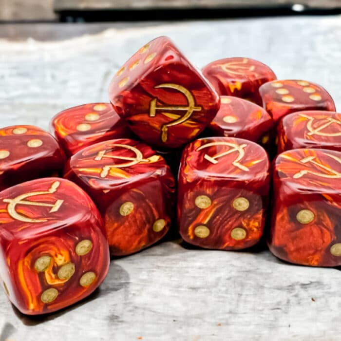 Набор кубиков Chessex։ Soviet Union War Dice Scarab Scarlet and gold, Polyhedral 12-Die Set - Image 2