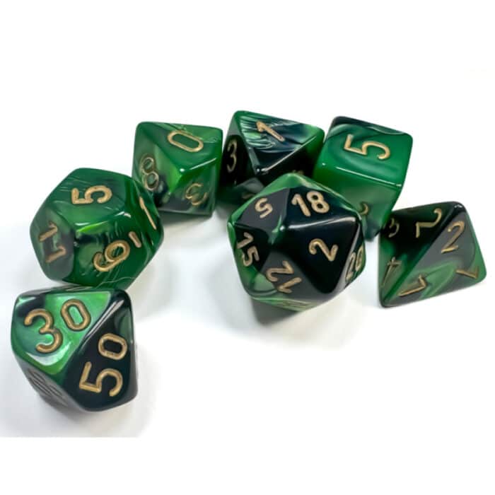 Набор кубиков Chessex։ Gemini Black and Green with Gold, Polyhedral 7-Die Set — изображение 2