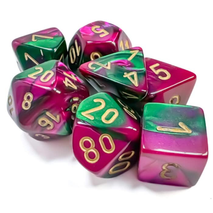 Набор кубиков Chessex։ Cube Gemini Green and Purple with Gold, Polyhedral 7-Die Set — изображение 2