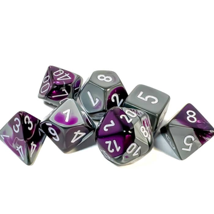 Набор кубиков Chessex։ Gemini Purple and Steel with White, Polyhedral 7-Die Set — изображение 2